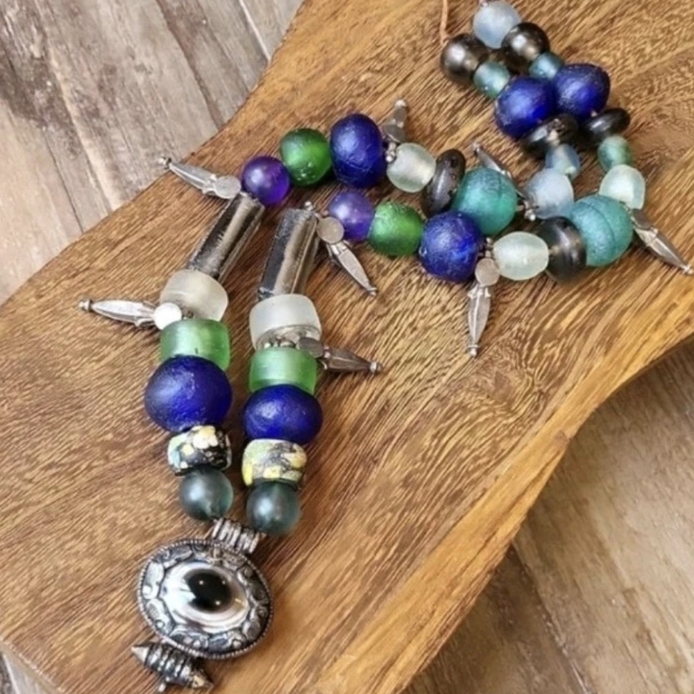 Vtg Native American Inspired Evil Eye Pendant Beaded Cord Necklace